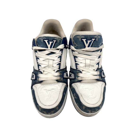 Louis Vuitton Leather Denim Monogram LV Trainer Sneaker Blue White Size 3.5 - Picture 4 of 16